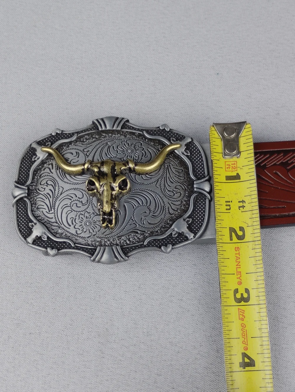 Belt Road Brown Tooled Leather Western Belt with Longhorn Buckle